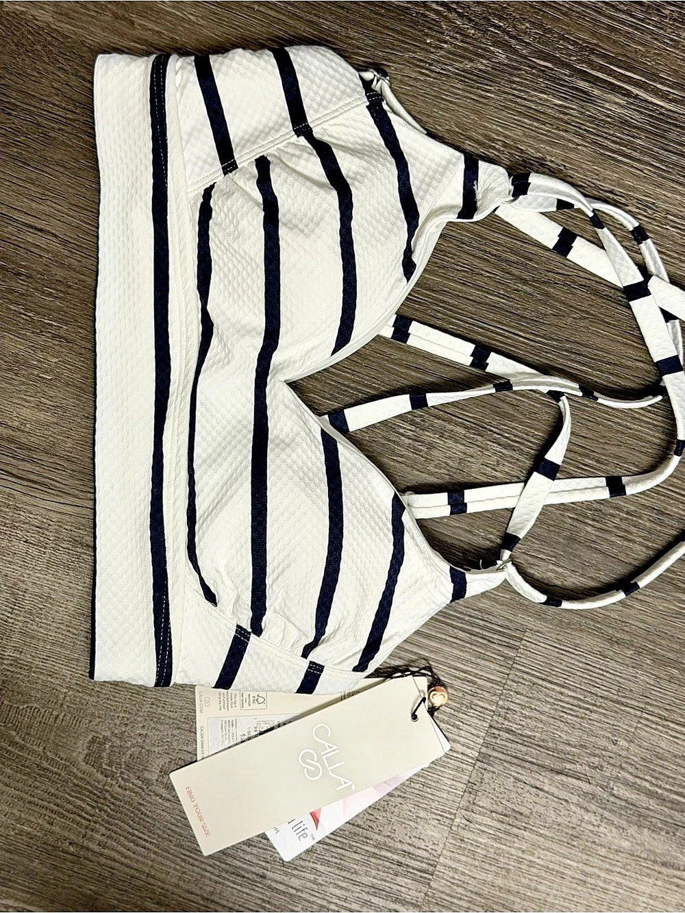 CALAVIA Striped Bikini Top in White & Blue Size XS NWT